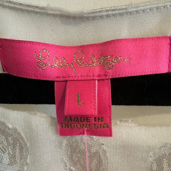 New Lilly Pulitzer Polka Dot Sheer Blouse White Round Neck Zip Long Sleeve Sz L - Picture 3 of 5
